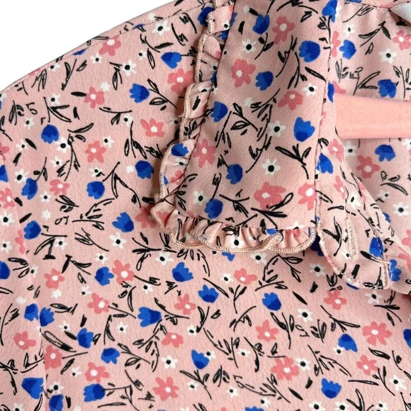 ZARA Pink Blue Floral Button Front Long Sleeve Ruffle Detail Blouse  Sz. XL - Picture 7 of 13